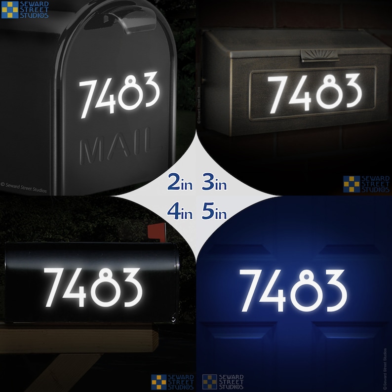 May include: Four images showing different sizes of white reflective house numbers on various surfaces. The numbers are 7483. The sizes are 2 inches, 3 inches, 4 inches, and 5 inches.