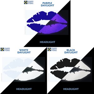 May include: A comparison of a lip-shaped decal in different lighting conditions. The decal is shown in daylight and under a car headlight. The decal is purple in daylight and white under the headlight. The decal is black in daylight and white under the headlight.