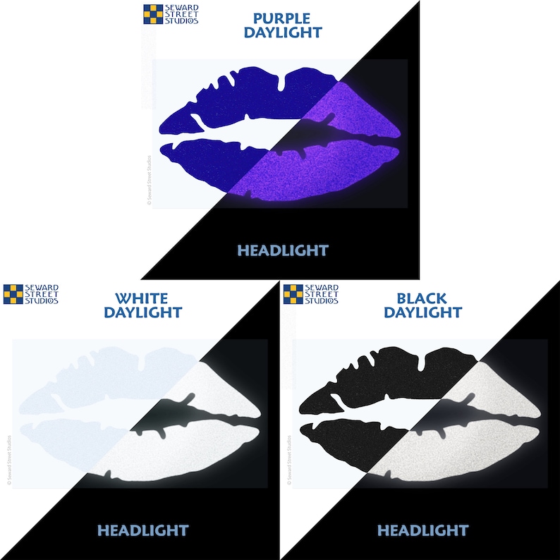 May include: A comparison of a lip-shaped decal in different lighting conditions. The decal is shown in daylight and under a car headlight. The decal is purple in daylight and white under the headlight. The decal is black in daylight and white under the headlight.