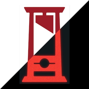 May include: A stylized red guillotine graphic, bisected diagonally with a white and black background. The guillotine features a blade, a circular element, and a rectangular base. The design is bold and graphic.