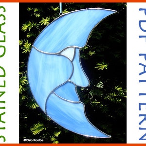 May include: A stained glass pattern for a crescent moon with a face. The pattern is in PDF format and is available for download. The moon is blue with white highlights.