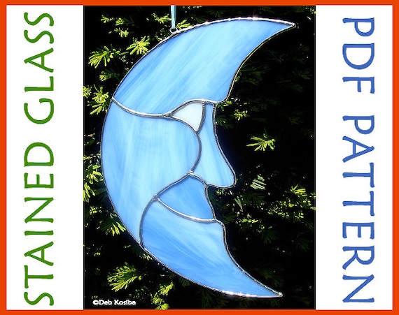 Easy Man In The Moon Stained Glass Pattern,  Crescent Moon Stain Glass Suncatcher Digital Download / Man in Moon Craft Pattern PDF