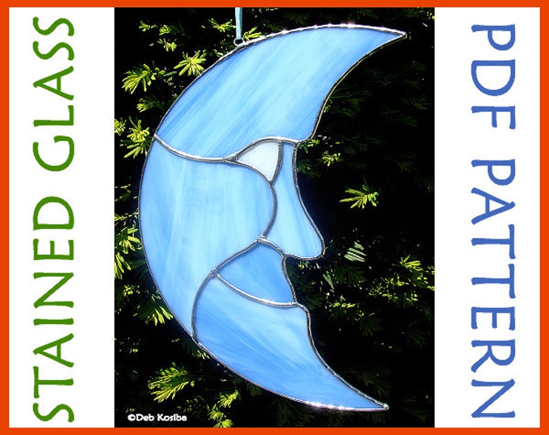 May include: A stained glass pattern for a crescent moon with a face. The pattern is in PDF format and is available for download. The moon is blue with white highlights.
