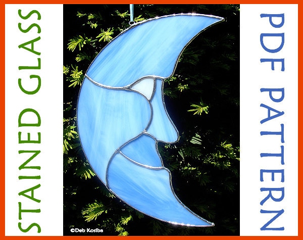 Easy Man In The Moon Stained Glass Pattern,  Crescent Moon Stain Glass Suncatcher Digital Download / Man in Moon Craft Pattern PDF