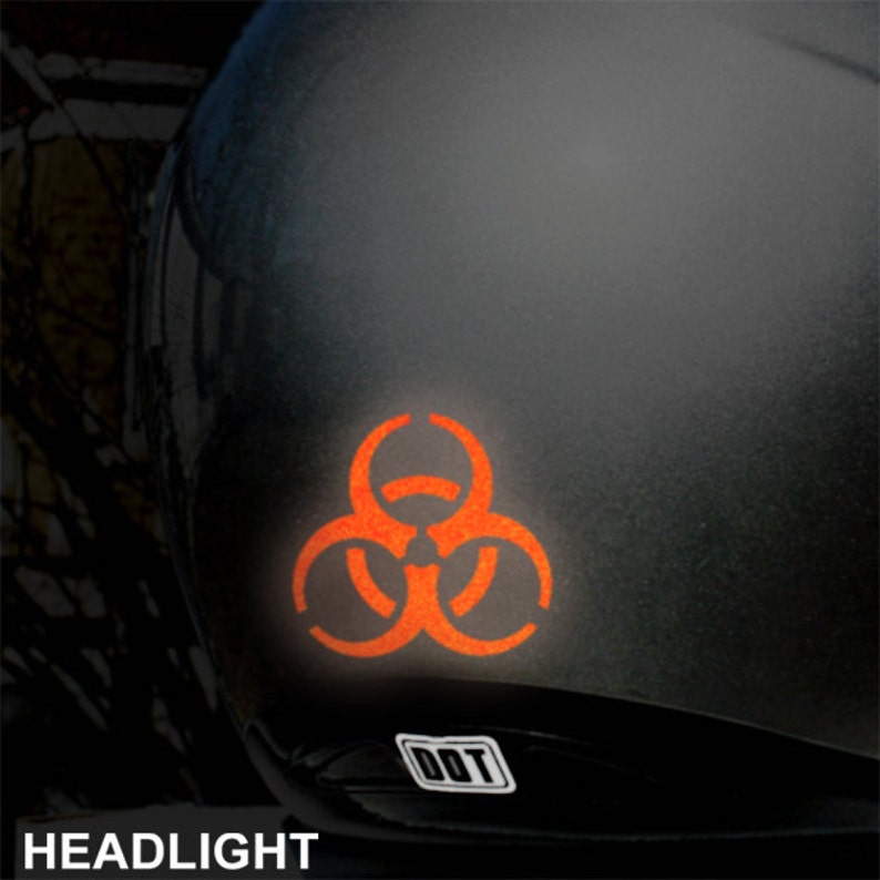 Biohazard Symbol Reflective Decal, Biohazard Helmet Sticker, Biohazard Symbol Motorcycle Transfer, Bio Hazard Icon / 2"h x 1.75"w - #077R image 3