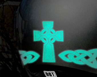 3 Piece Celtic Cross Reflective Decal Set, Irish Knot Motorcycle Stickers Kit, Scottish Weave Bike Helmet Transfers Sheet / #689R
