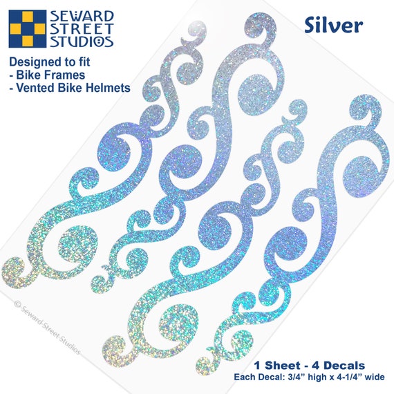 Vintage Swirls Holographic Glitter Decal Set, 4 Retro Bubble Vine Stickers Sheet, Pinstripe Scrolls Ornament Bike Frame Transfers / #810G