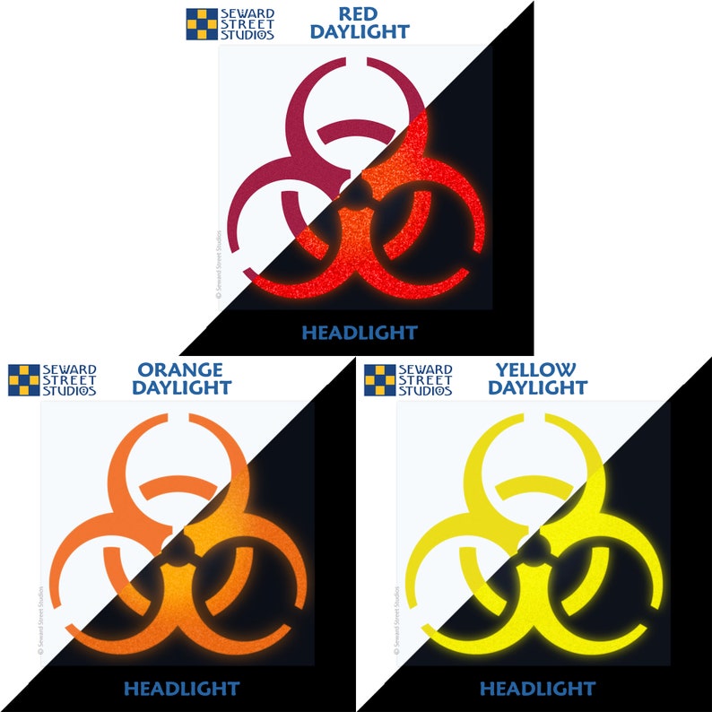 Biohazard Symbol Reflective Decal, Biohazard Helmet Sticker, Biohazard Symbol Motorcycle Transfer, Bio Hazard Icon / 2"h x 1.75"w - #077R image 6