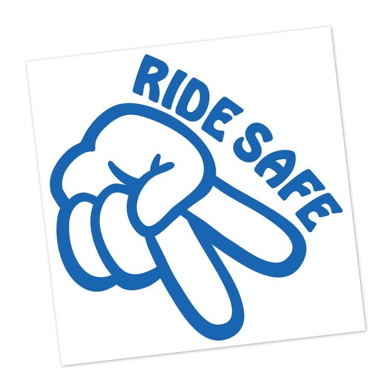 K&ouml;nnte beinhalten: Blaues Peace-Zeichen mit den Worten "Ride Safe" in wei&szlig;er Umrandung.