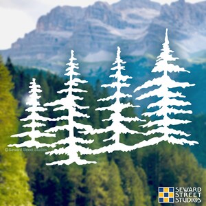 May include: White silhouette of four pine trees against a blurred background of green trees and mountains.