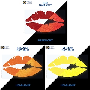 May include: Three images showing a red, orange, and yellow glitter lips design. Each image shows the design in daylight and under a headlight. The text "SEWARD STREET STUDIOS" appears in the top left corner of each image. The text "RED DAYLIGHT", "ORANGE DAYLIGHT", and "YELLOW DAYLIGHT" appears above each image. The text "HEADLIGHT" appears below each image.