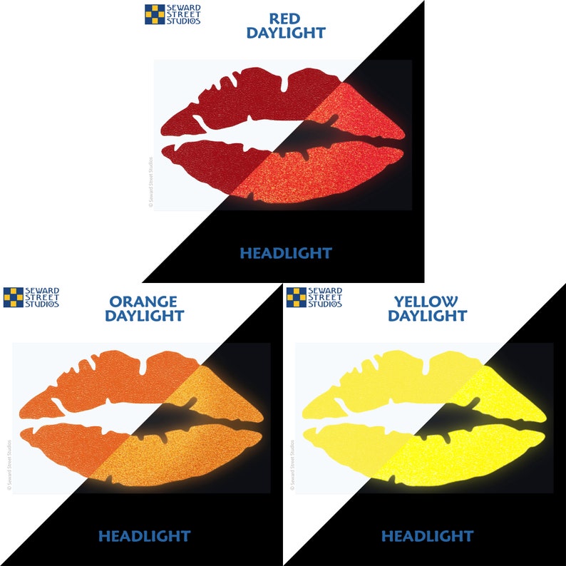 May include: Three images showing a red, orange, and yellow glitter lips design. Each image shows the design in daylight and under a headlight. The text "SEWARD STREET STUDIOS" appears in the top left corner of each image. The text "RED DAYLIGHT", "ORANGE DAYLIGHT", and "YELLOW DAYLIGHT" appears above each image. The text "HEADLIGHT" appears below each image.