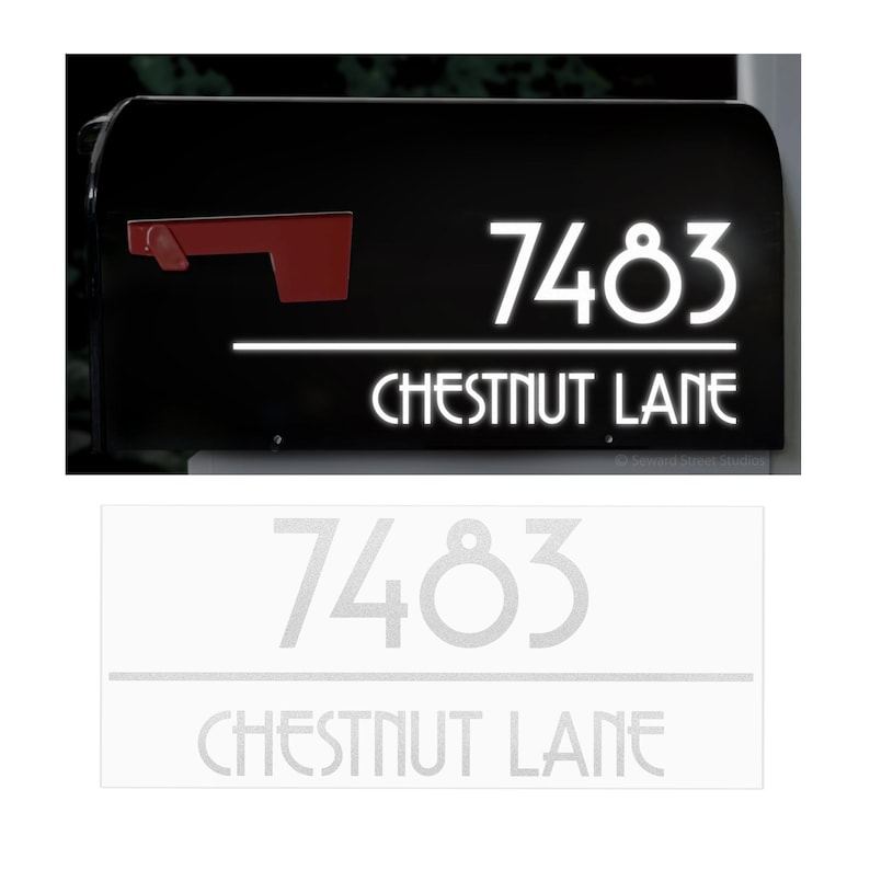 Reflective Mailbox Address Decal, Personalized Street Name Sticker, Custom House Numbers, New Home Gift / 4" h x 10" w - #1274R Bild 1