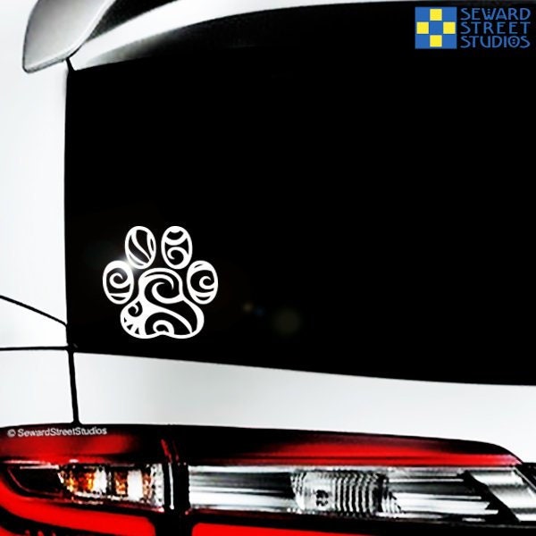 Tribal Paw Print Decal, Tribal Dog Track Car Sticker, Tribal Pet Owner Vinyl Decal, Tattoo Swirl Cat Print Transfer / 4.50"h x 4.50"w - #293