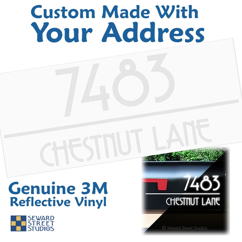 K&ouml;nnte beinhalten: Wei&szlig;er reflektierender Adressaufkleber aus Vinyl mit der Nummer 7483 und dem Stra&szlig;ennamen Chestnut Lane. Der Aufkleber ist auf einem schwarzen Briefkasten zu sehen.
