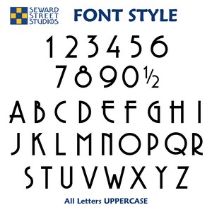 K&ouml;nnte beinhalten: Ein Schwarzwei&szlig;-Schriftart-Stilguide mit Gro&szlig;buchstaben und Zahlen. Die Schriftart ist ein geometrischer serifenloser Stil mit abgerundeten Ecken. Die Zahlen 1, 2, 3, 4, 5, 6, 7, 8, 9, 0 und 1/2 werden angezeigt. Die Buchstaben A, B, C, D, E, F, G, H, I, J, K, L, M, N, O, P, Q, R, S, T, U, V, W, X, Y und Z werden angezeigt. Der Text "All Letters UPPERCASE" wird am unteren Rand des Bildes angezeigt.