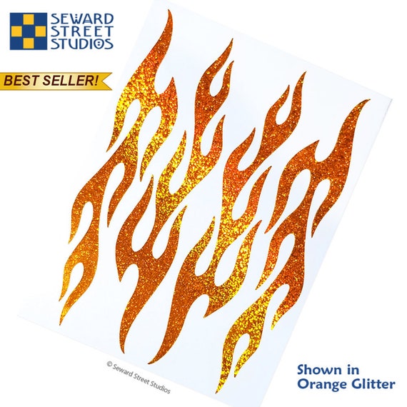 Set of 4 Flames Holographic Glitter Decals Retro Fire Motorcycle