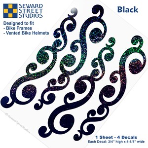 May include: A sheet of four black holographic scroll decals, each measuring 3/4 inches high by 4-1/4 inches wide. The text reads Seward Street Studios, Designed to fit Bike Frames and Vented Bike Helmets, Black, and 1 Sheet - 4 Decals.