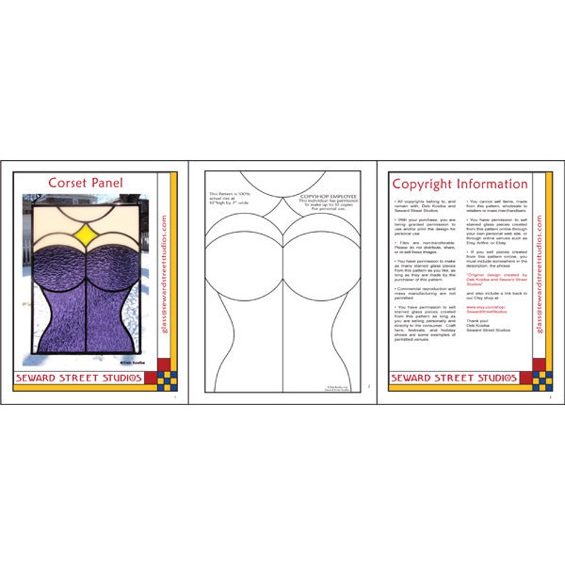 May include: A stained glass pattern for a corset with a purple bodice, yellow and white accents, and a gold star. The pattern is 7 inches wide and 10 inches high. The pattern is from Seward Street Studios.
