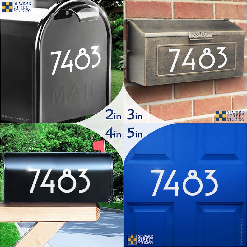 May include: Four images showing different ways to display house numbers. The first image shows a black mailbox with the number "7483" and the word "MAIL" on it. The second image shows a bronze mailbox with the number "7483" on it. The third image shows a black mailbox with the number "7483" on it. The fourth image shows a blue door with the number "7483" on it. The images are labeled with the sizes of the numbers: 2 inches, 3 inches, 4 inches, and 5 inches.