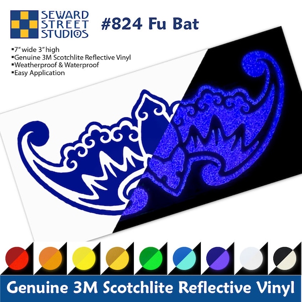 Fu Bat Reflective Vinyl Decal, Lucky Bat Laptop Sticker, Chinese Bat Tablet Decal, Good Fortune Bat Window Transfer / 3"h x 7"w - #824R