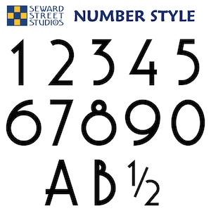 May include: Black and white font style guide with the numbers 1 through 9, the letters A and B, and the fraction 1/2. The font is bold and has a modern, geometric style.