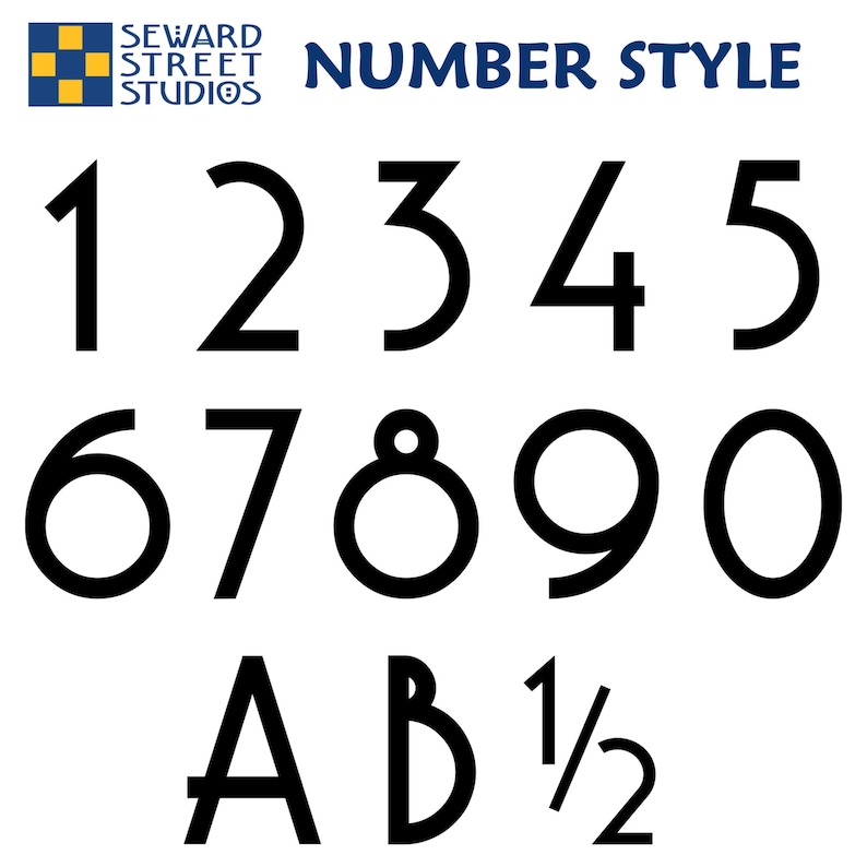 May include: Black and white font style guide with the numbers 1 through 9, the letters A and B, and the fraction 1/2. The font is bold and has a modern, geometric style.