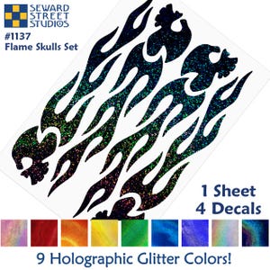 Flaming Skulls Glitter Decal Set, Narrow Fire Skull Helmet Stickers, Skulls with Skinny Flames Glitter Bike Transfers / #1137G
