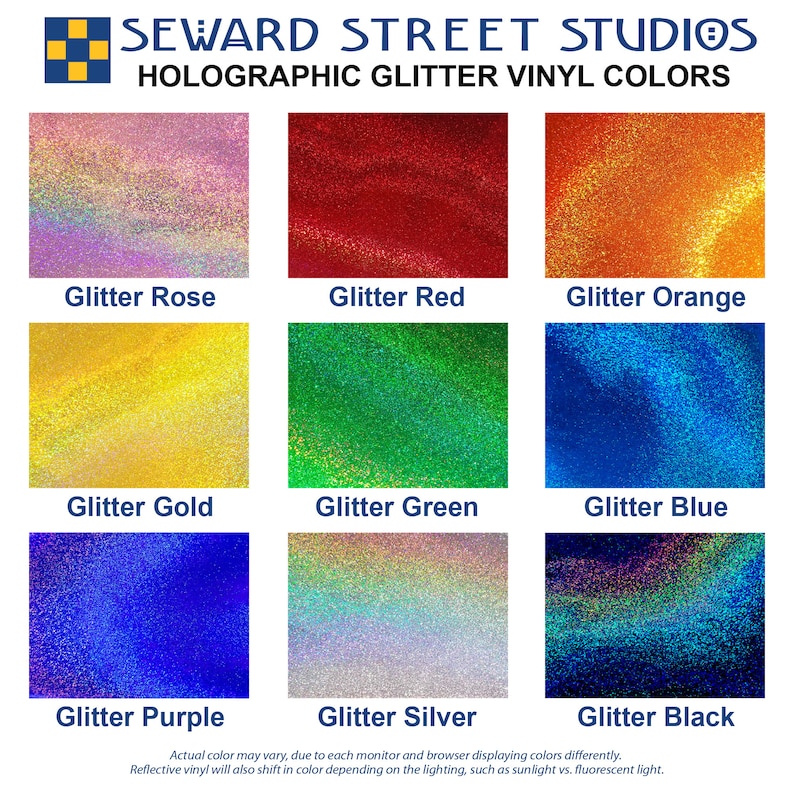 May include: A chart of holographic glitter vinyl colors. The colors are: rose, red, orange, gold, green, blue, purple, silver, and black.