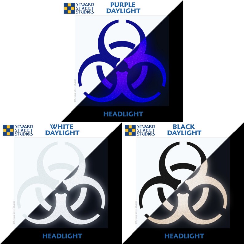 Biohazard Symbol Reflective Decal, Biohazard Helmet Sticker, Biohazard Symbol Motorcycle Transfer, Bio Hazard Icon / 2"h x 1.75"w - #077R image 8