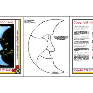 May include: A stained glass pattern of a crescent moon face with a blue and white color scheme. The pattern is titled "Crescent Moon Face" and is from Seward Street Studios.