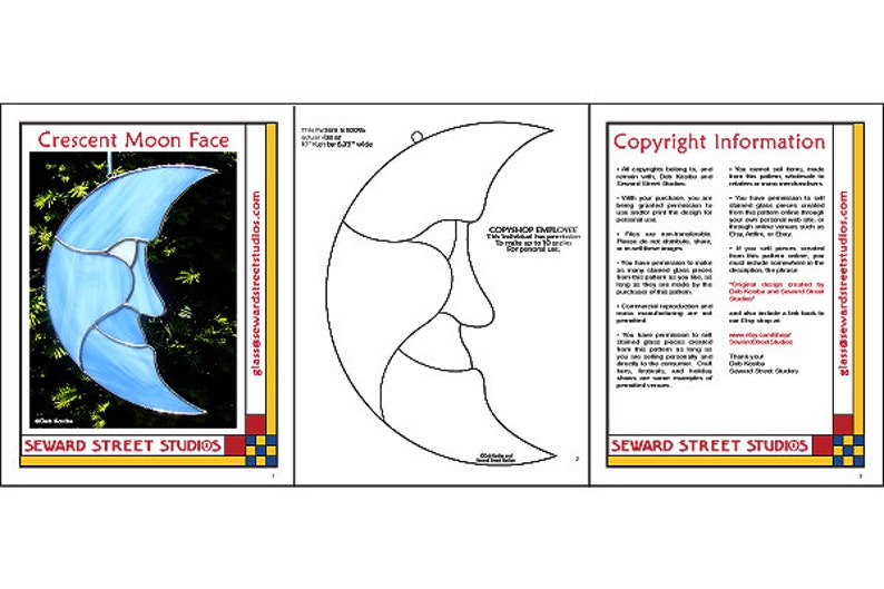 May include: A stained glass pattern of a crescent moon face with a blue and white color scheme. The pattern is titled "Crescent Moon Face" and is from Seward Street Studios.