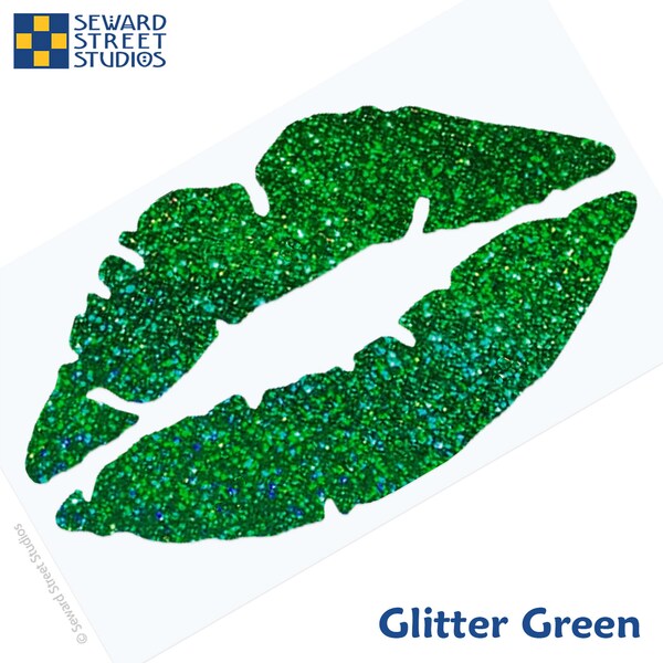 Green Glitter Lips Decal, Holographic Glitter Kiss Tablet Sticker, xoxo Phone Decal, Lipstick Transfer / 1.50"h x 2.75"w - #992G-Green