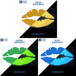 May include: Three images showing a lip-shaped sticker in gold, green, and blue. The stickers are shown in both daylight and under a blacklight. The text "SEWARD STREET STUDIOS" appears in the top left corner of each image. The text "GOLD DAYLIGHT", "GREEN DAYLIGHT", and "BLUE DAYLIGHT" appears above each sticker. The text "HEADLIGHT" appears below each sticker.