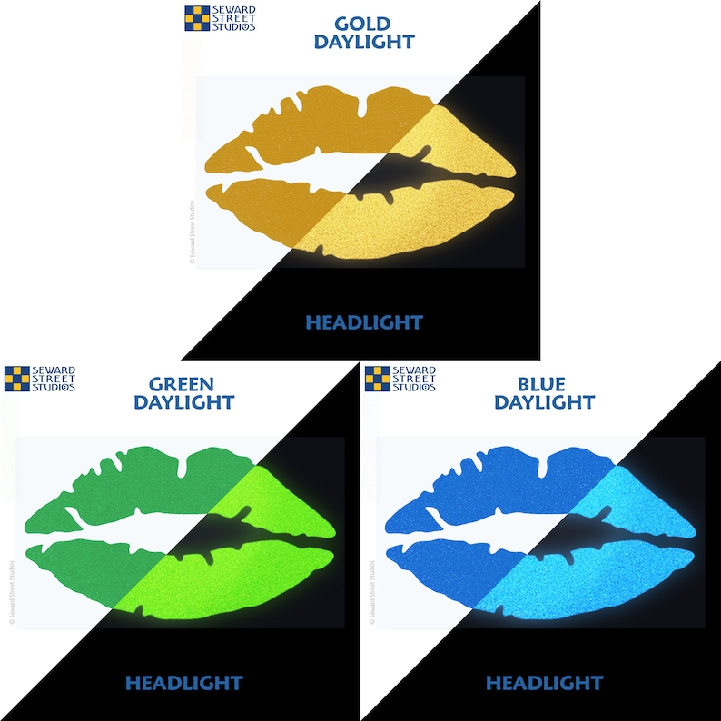 May include: Three images showing a lip-shaped sticker in gold, green, and blue. The stickers are shown in both daylight and under a blacklight. The text "SEWARD STREET STUDIOS" appears in the top left corner of each image. The text "GOLD DAYLIGHT", "GREEN DAYLIGHT", and "BLUE DAYLIGHT" appears above each sticker. The text "HEADLIGHT" appears below each sticker.