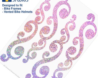 Rose Vintage Swirls Holographic Glitter Decal Set, 4 Retro Bubble Vine Sticker Sheet, Ornament Scrolls Bike Frame Transfers / #810G-Rose