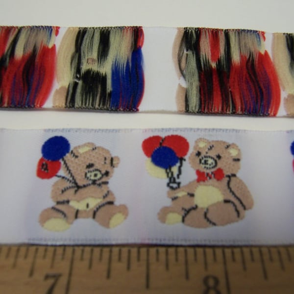 5 Yards 1" Teddy Bear with Red Blue Yellow Balloons Ribbon Trim