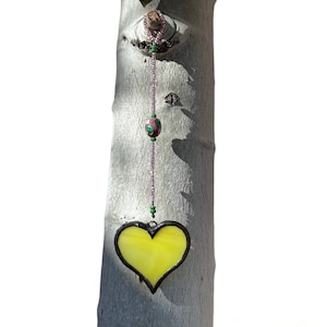 Mini Stained Glass Suncatcher - Yellow Glass Heart - Pink Bead Hanger - Handmade Glass Art- Christmas Gift - Rear View Mirror Decoration