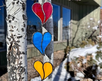 Trio of Hearts Stained Glass Heart Suncatcher - Red Blue Yellow Glass Hearts Handmade Glass Decor - Birthday Gift - Handmade Stained Glass