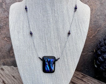 Fused Glass Pendant Necklace - Blue Purple Dichroic Glass - Black Glass Pendant - Beaded Necklace - Handmade Gift - One of a Kind Necklace