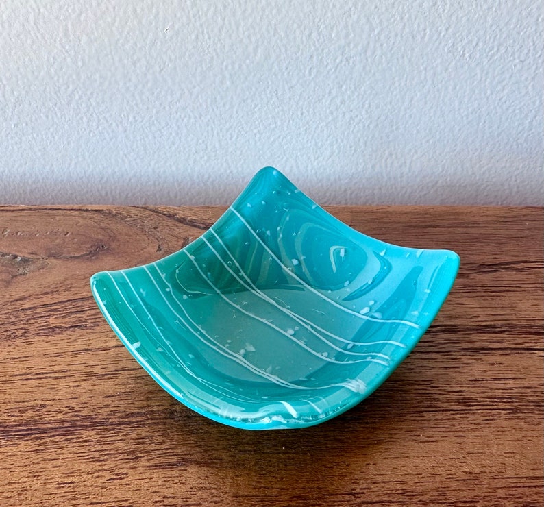 Fused Glass Mini Bowl, Tea or Votive Candle Holder, Teal Green Blue, Handmade Glass Art, Home Decor, Hostess Gift, Mothers Day Gift, Glass image 1