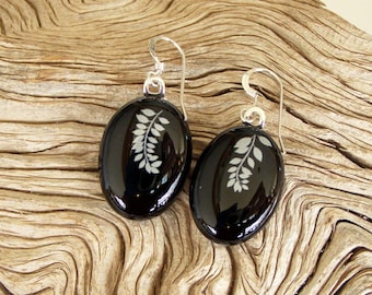 Fused Glass Earrings: Black Glass with White Leaves, Sterling Silver