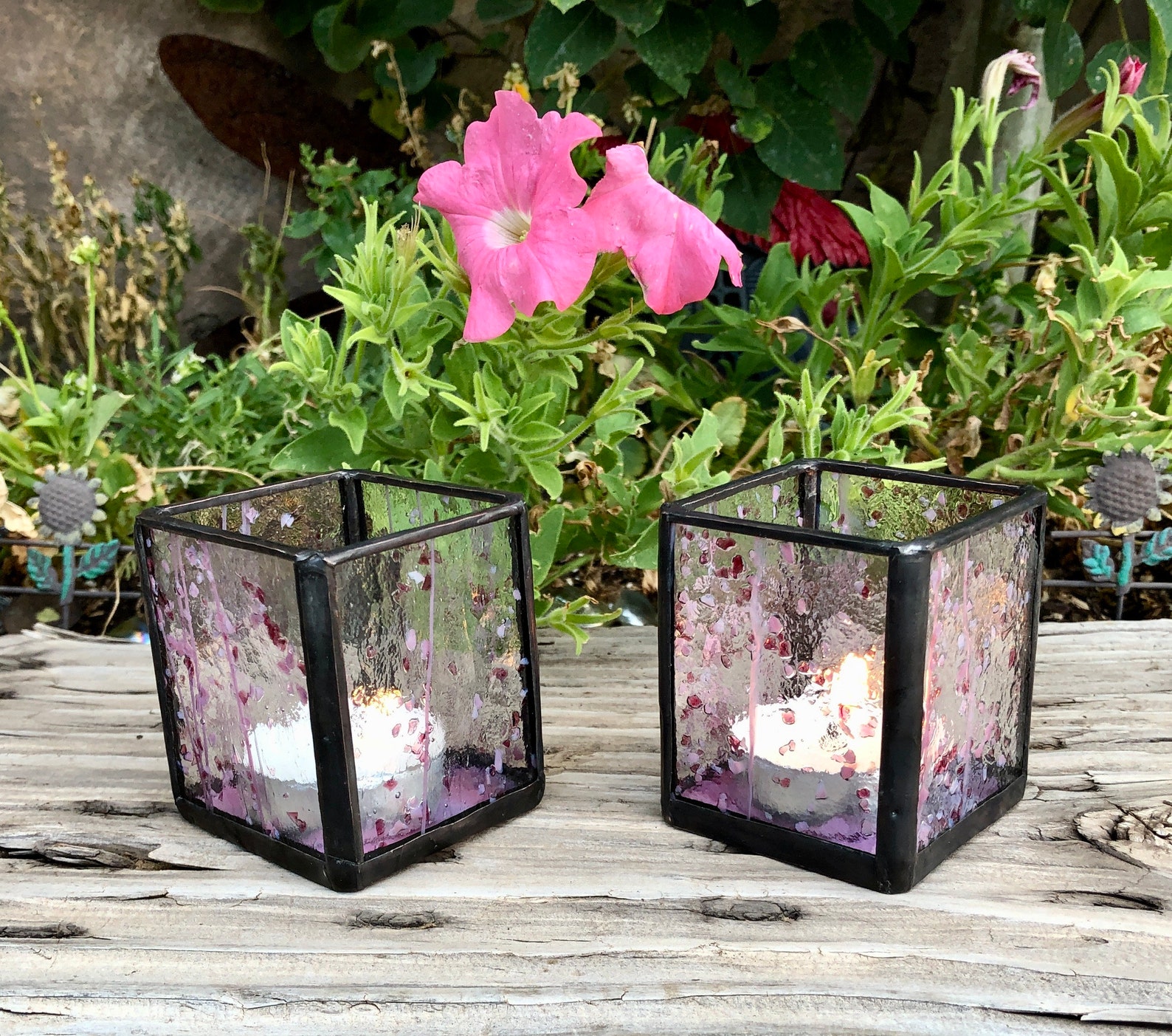 Stained Glass Tea Candle Holder Pink and Magenta Clear Confetti Glass