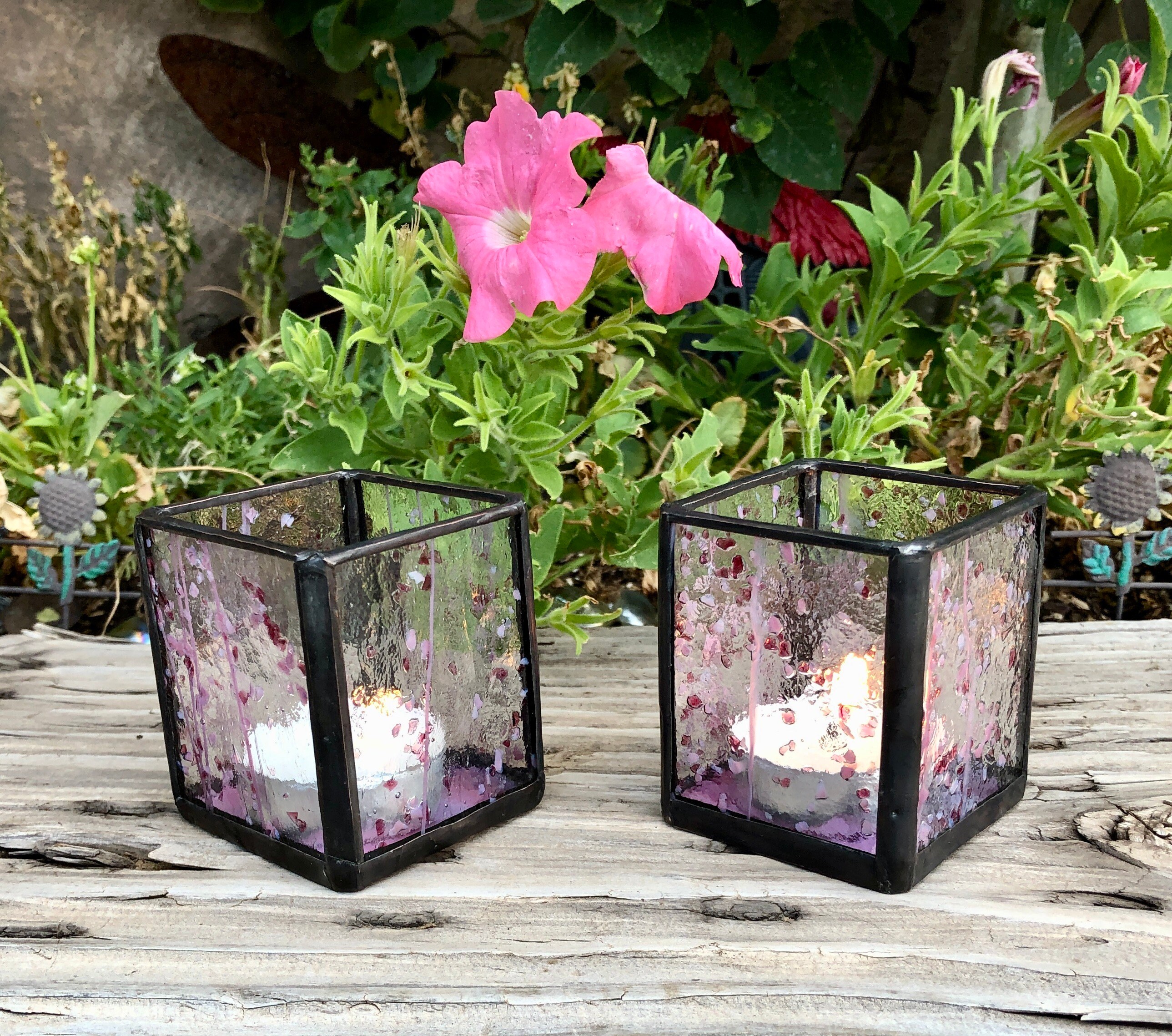 Stained Glass Tea Candle Holder Pink and Magenta Clear Confetti Glass