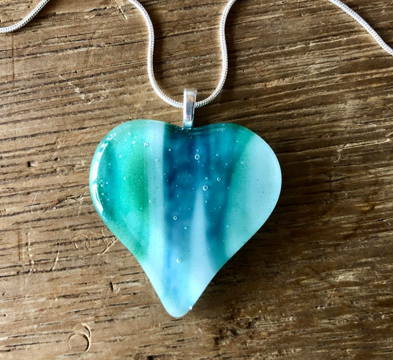 Green and White Fused Glass Heart Pendant Necklace Fused Glass Jewelry