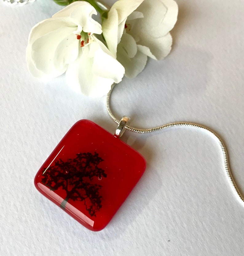 Fused Glass Pendant Necklace Black Tree on Red Glass - Etsy