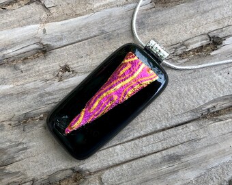 Black Fused Glass Pendant Necklace - Pink and Orange Dichroic Glass Triangle Design -Handmade Glass Jewelry - Elegant Evening Jewelry