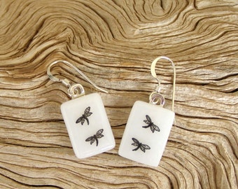 Fused Glass Dragonfly Earrings: Black & White, Sterling Silver