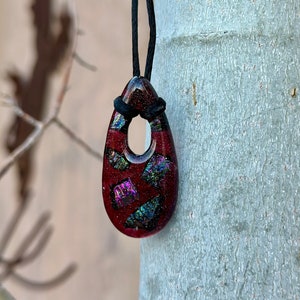 Dark Red with Dichroic Fused Glass Pieces - Fused Glass Pendant Necklace -  Fused Glass Jewelry - Handmade Original Glass Jewelry
