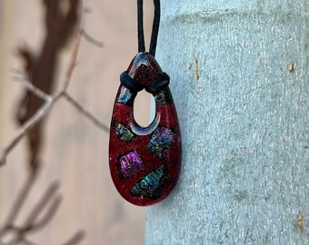 Dark Red with Dichroic Fused Glass Pieces - Fused Glass Pendant Necklace -  Fused Glass Jewelry - Handmade Original Glass Jewelry